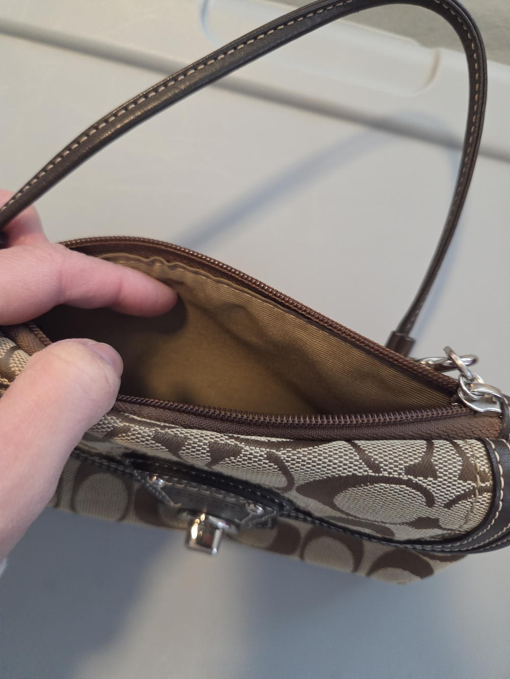 Coach Beige Signature Canvas Wristlet with Brown Leather Trim - Picture 4 of 5